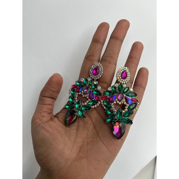Big green fuchsia earring large Ab earrings large rhinestone crystal chandelier - Picture 1 of 7